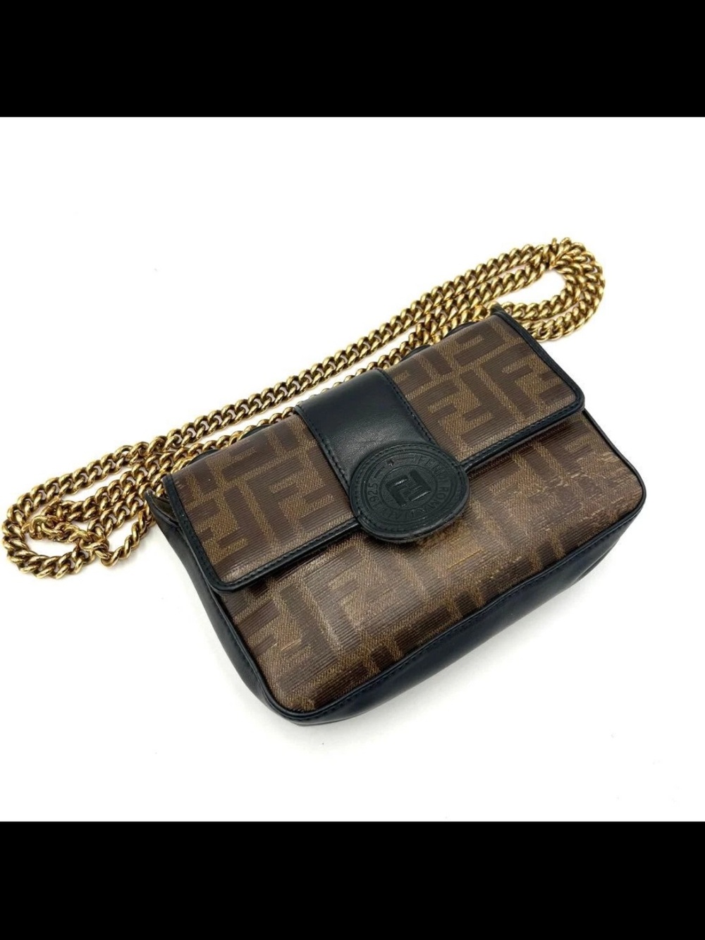 Fendi Brown FF Monogram Shoulder Bag with Gold Chain